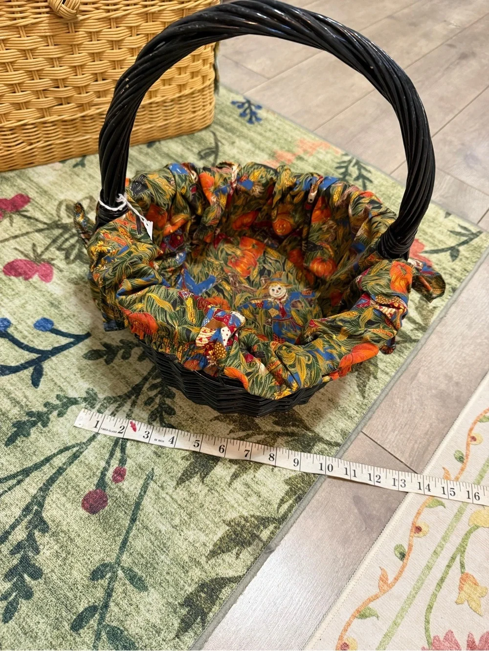 Vintage Autumn Fabric Lined Black Wicker Basket Colorful Autumn Primitives